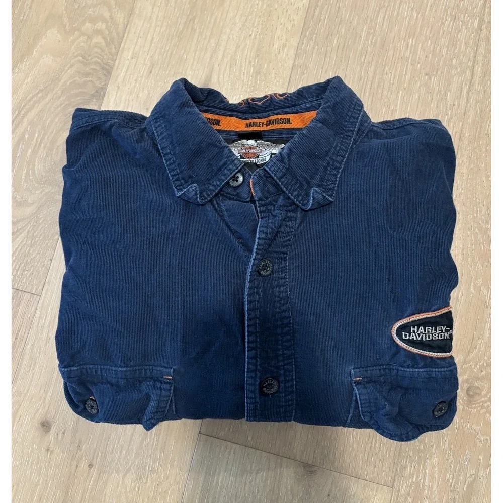 Harley Davidson Button Up Shirt Large Pocket Long Sleeve Blue Corduroy Mens